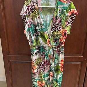 Tropical Print Wrap Dress Ruffle Hem